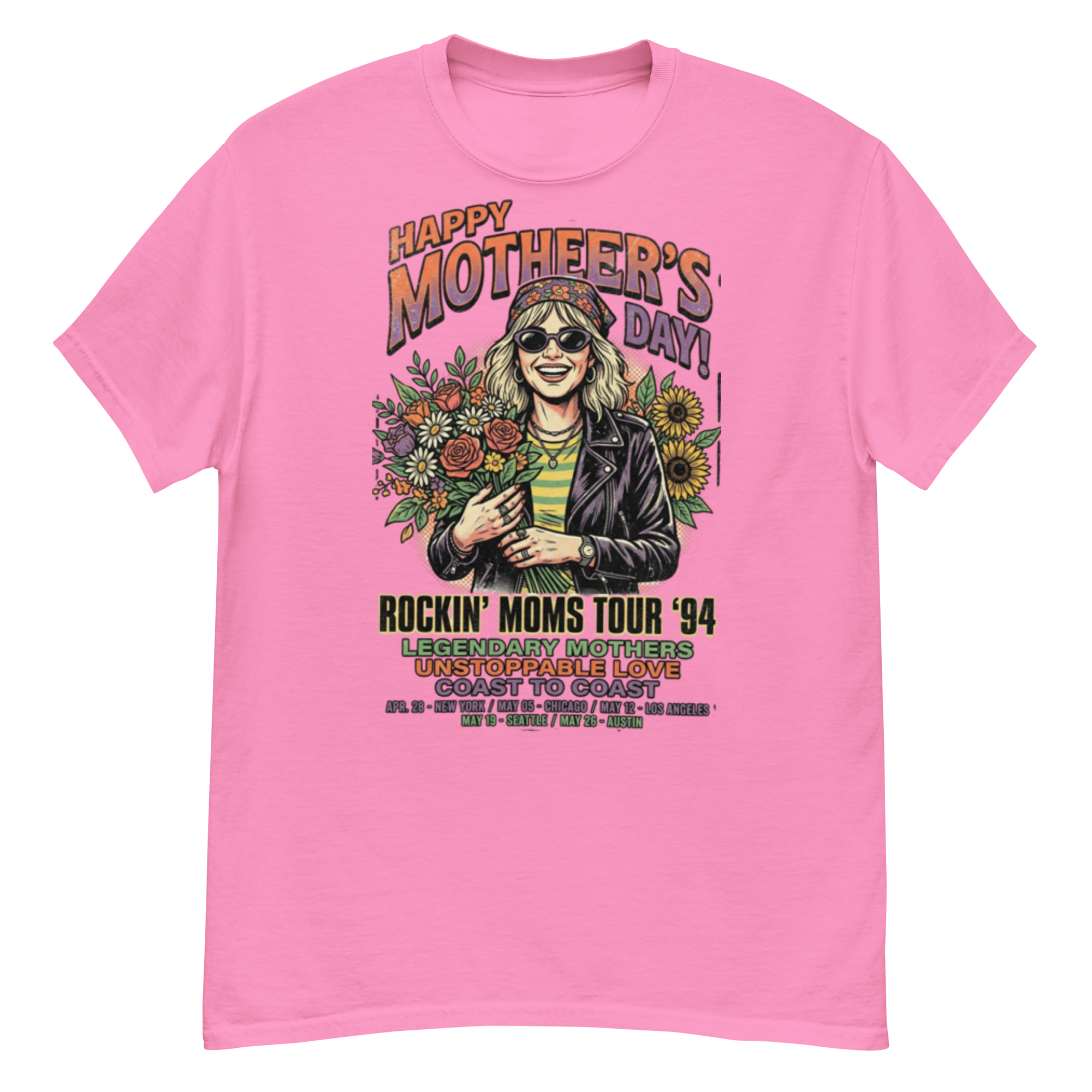 graphic tee design: 90s vintage rock band style mother's day edition smiling woman with bouquet & sunglasses illustration graphic tee design: 90s vintage rock band style mother's day edition smiling woman with bouquet & sunglasses illustration