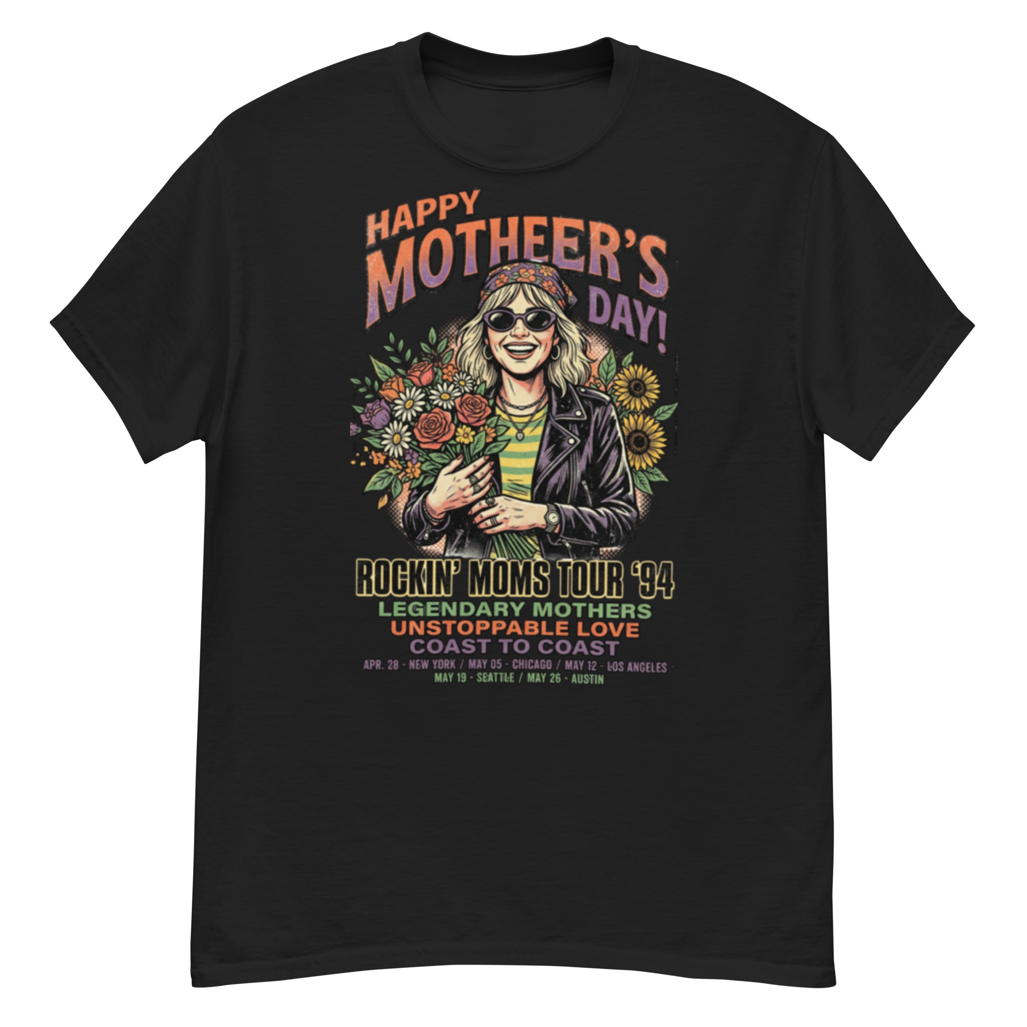 graphic tee design: 90s vintage rock band style mother's day edition smiling woman with bouquet & sunglasses illustration graphic tee design: 90s vintage rock band style mother's day edition smiling woman with bouquet & sunglasses illustration