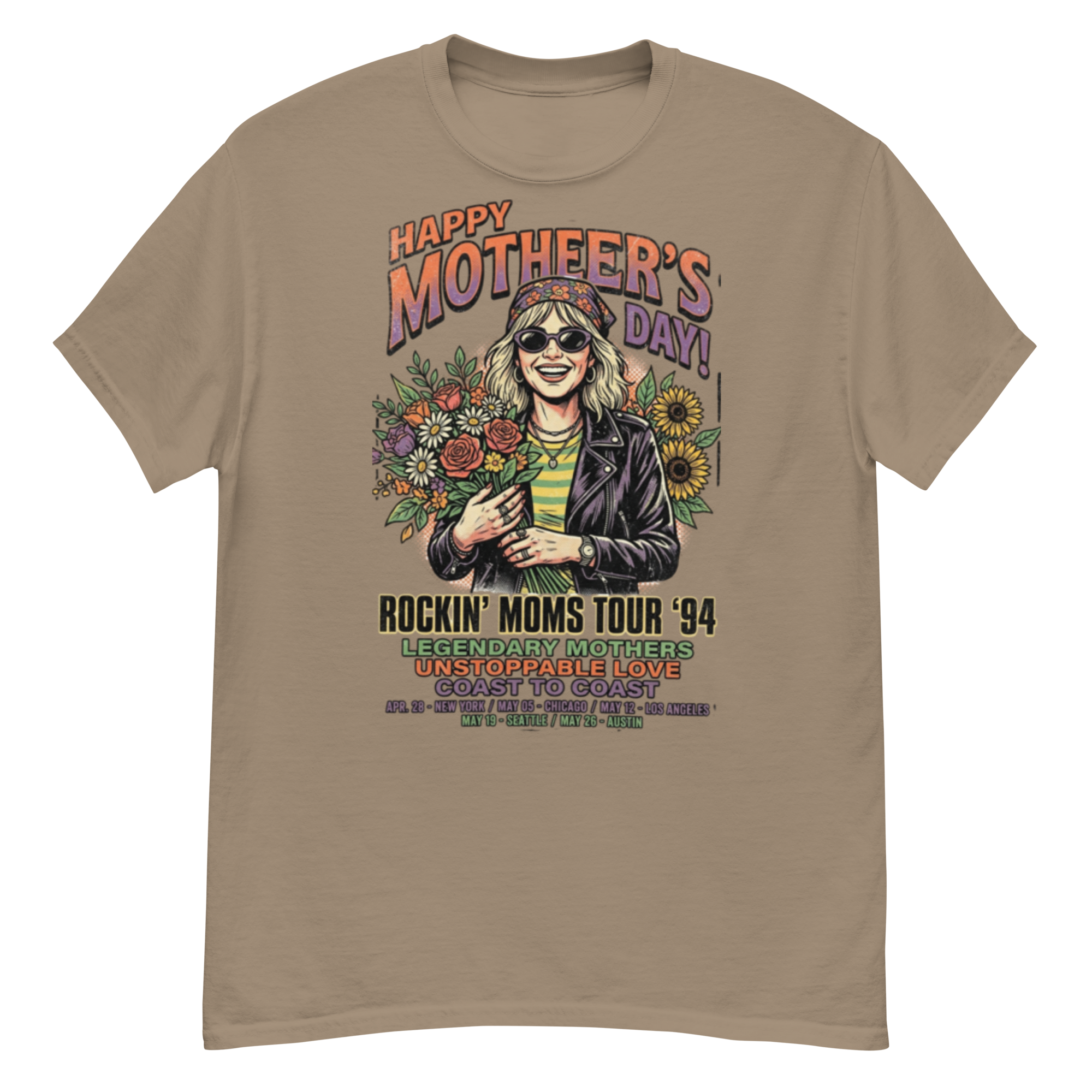 graphic tee design: 90s vintage rock band style mother's day edition smiling woman with bouquet & sunglasses illustration graphic tee design: 90s vintage rock band style mother's day edition smiling woman with bouquet & sunglasses illustration