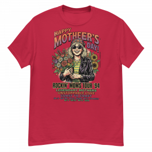 graphic tee design: 90s vintage rock band style mother's day edition smiling woman with bouquet & sunglasses illustration
