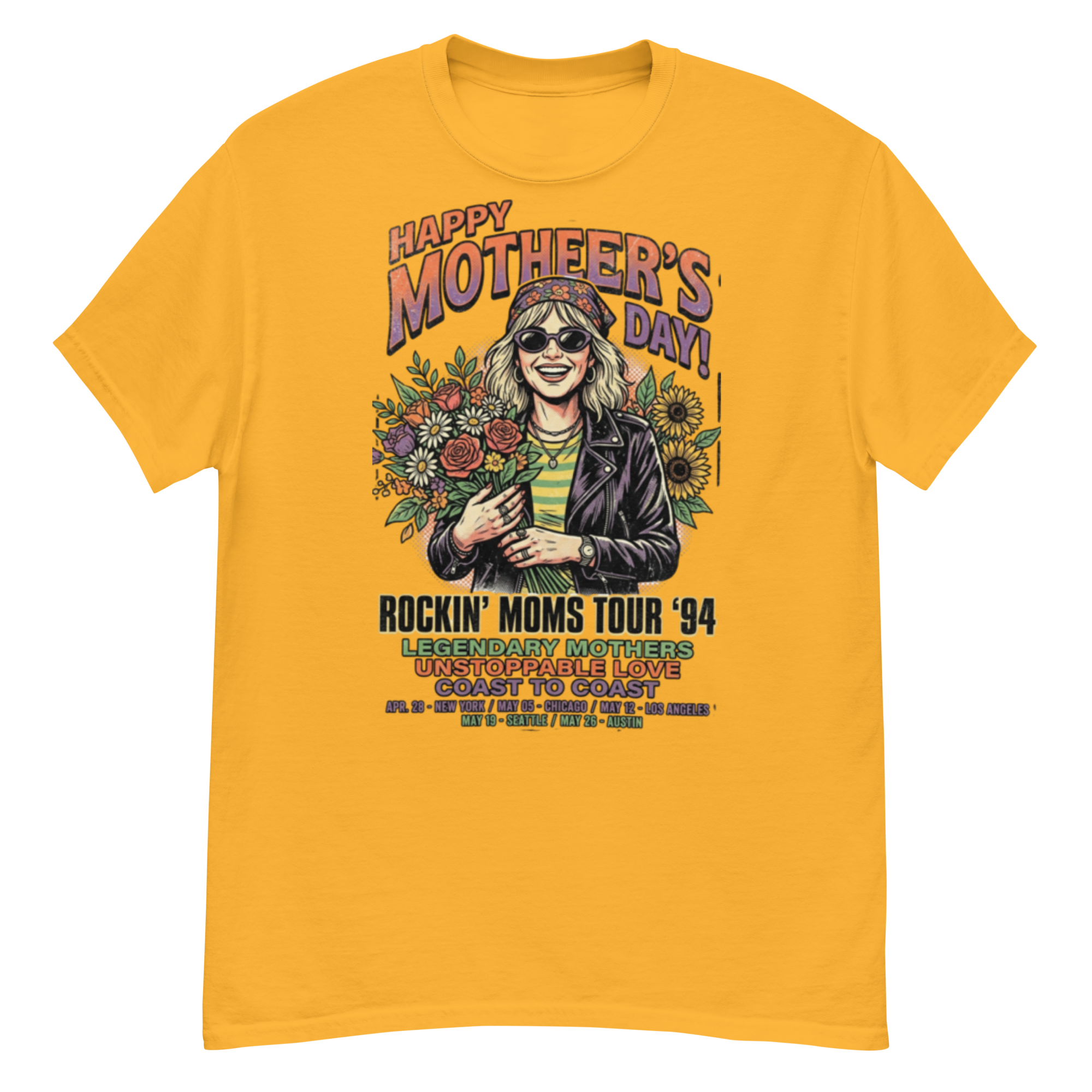 graphic tee design: 90s vintage rock band style mother's day edition smiling woman with bouquet & sunglasses illustration graphic tee design: 90s vintage rock band style mother's day edition smiling woman with bouquet & sunglasses illustration