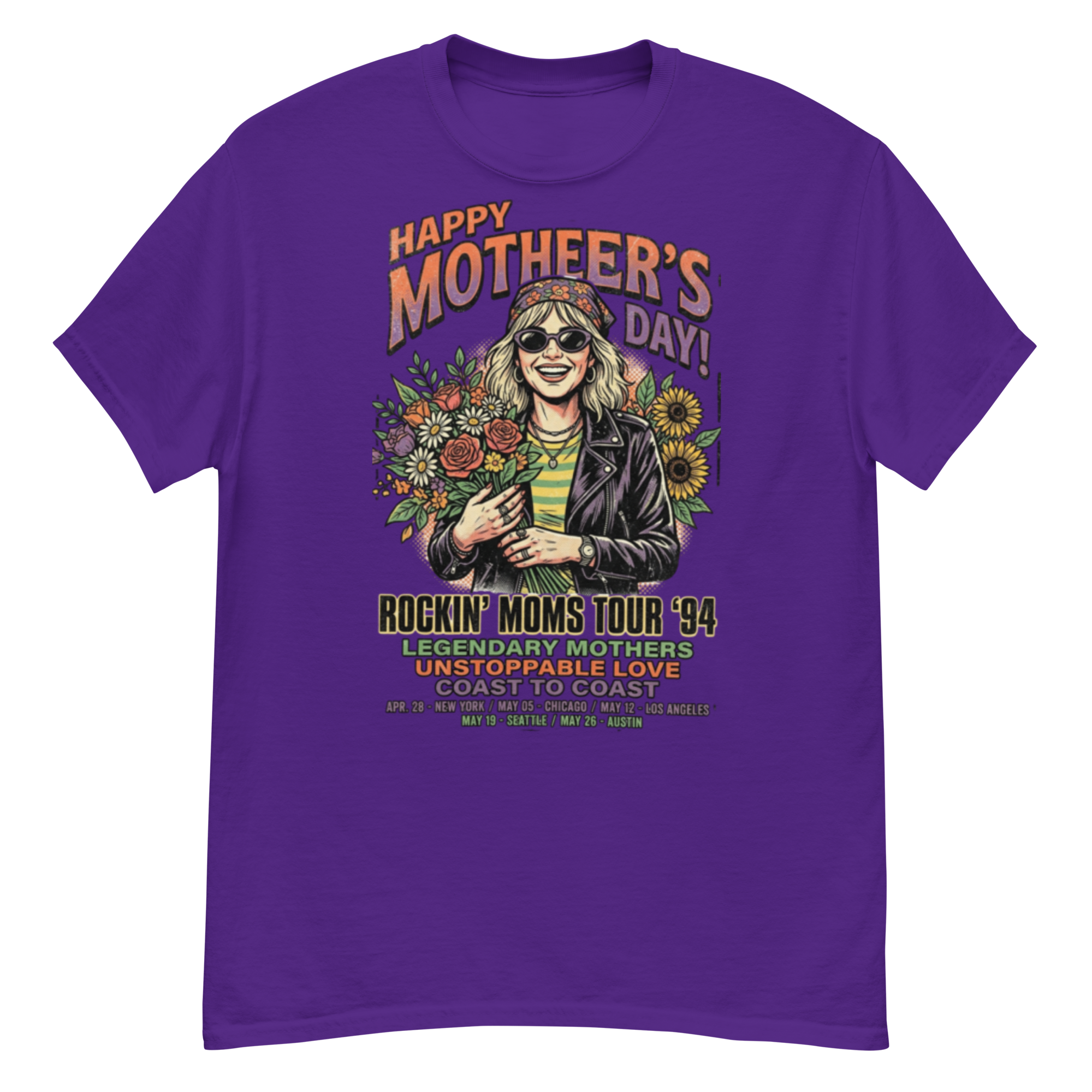 graphic tee design: 90s vintage rock band style mother's day edition smiling woman with bouquet & sunglasses illustration graphic tee design: 90s vintage rock band style mother's day edition smiling woman with bouquet & sunglasses illustration