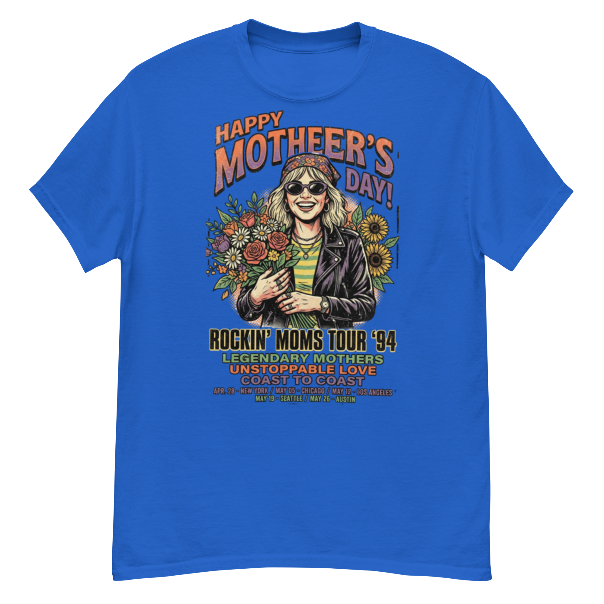 graphic tee design: 90s vintage rock band style mother's day edition smiling woman with bouquet & sunglasses illustration graphic tee design: 90s vintage rock band style mother's day edition smiling woman with bouquet & sunglasses illustration
