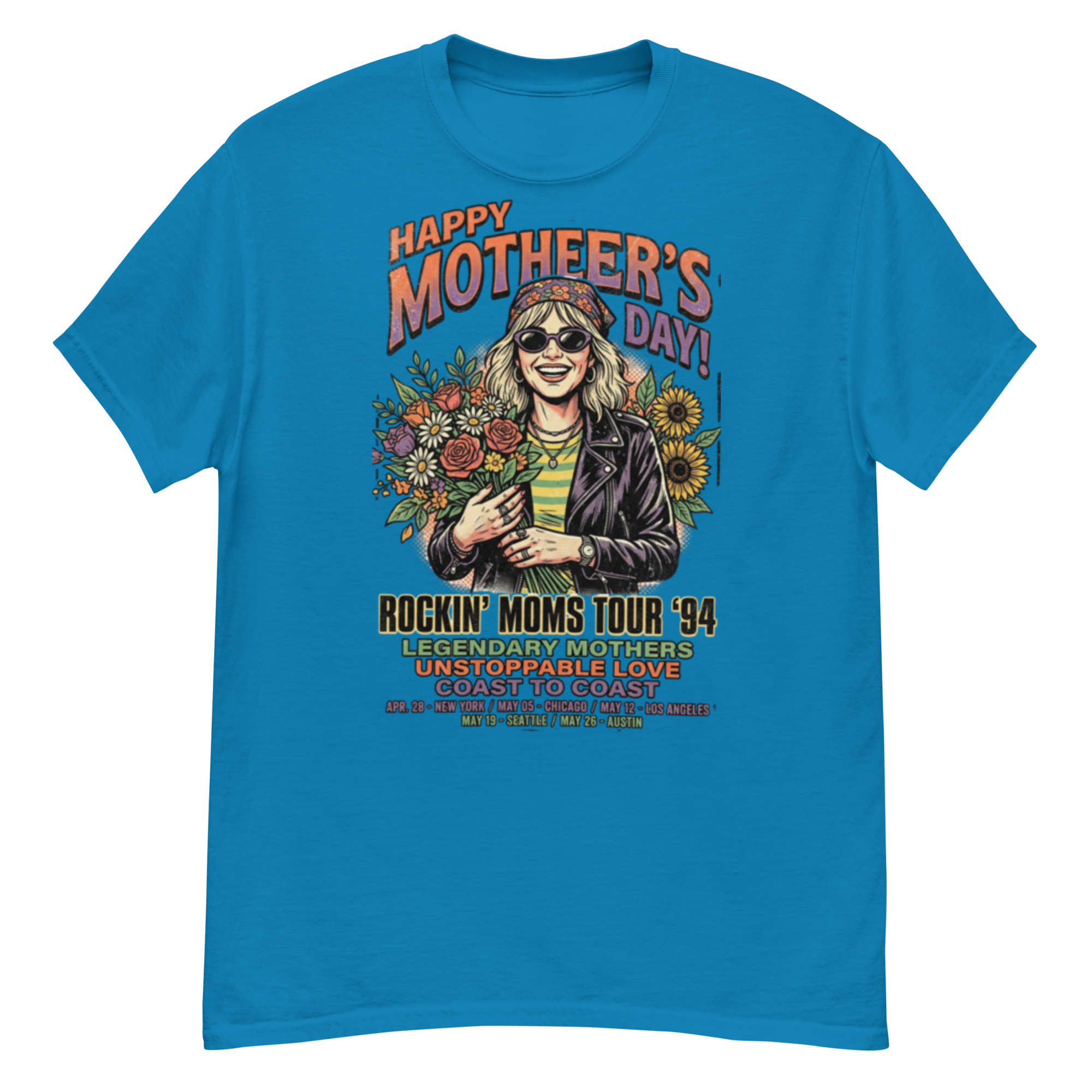 graphic tee design: 90s vintage rock band style mother's day edition smiling woman with bouquet & sunglasses illustration graphic tee design: 90s vintage rock band style mother's day edition smiling woman with bouquet & sunglasses illustration