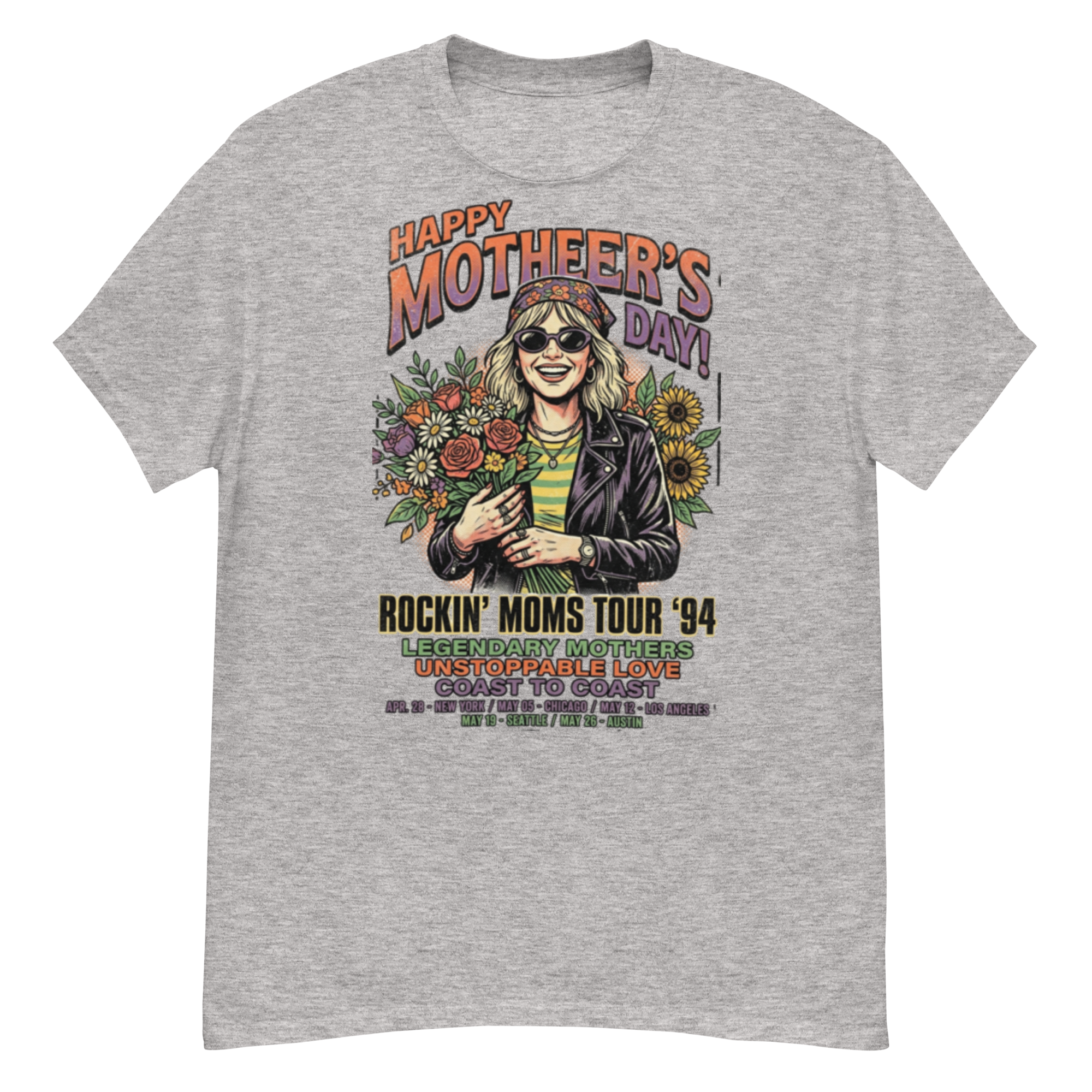 graphic tee design: 90s vintage rock band style mother's day edition smiling woman with bouquet & sunglasses illustration graphic tee design: 90s vintage rock band style mother's day edition smiling woman with bouquet & sunglasses illustration
