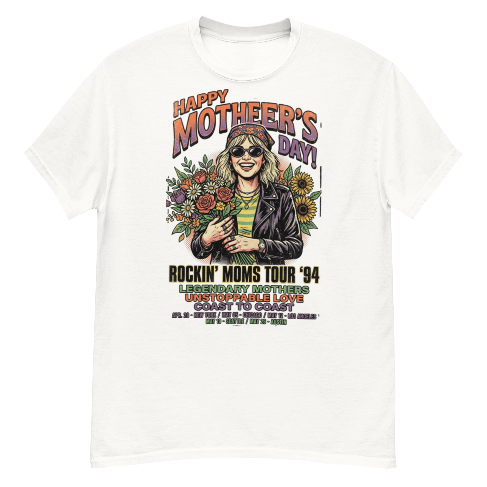 graphic tee design: 90s vintage rock band style mother's day edition smiling woman with bouquet & sunglasses illustration graphic tee design: 90s vintage rock band style mother's day edition smiling woman with bouquet & sunglasses illustration
